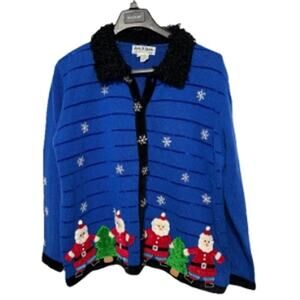 Jack B. Quick Ugly Cute Christmas Sweater Blue Crochet Santa Snowflakes 2XL